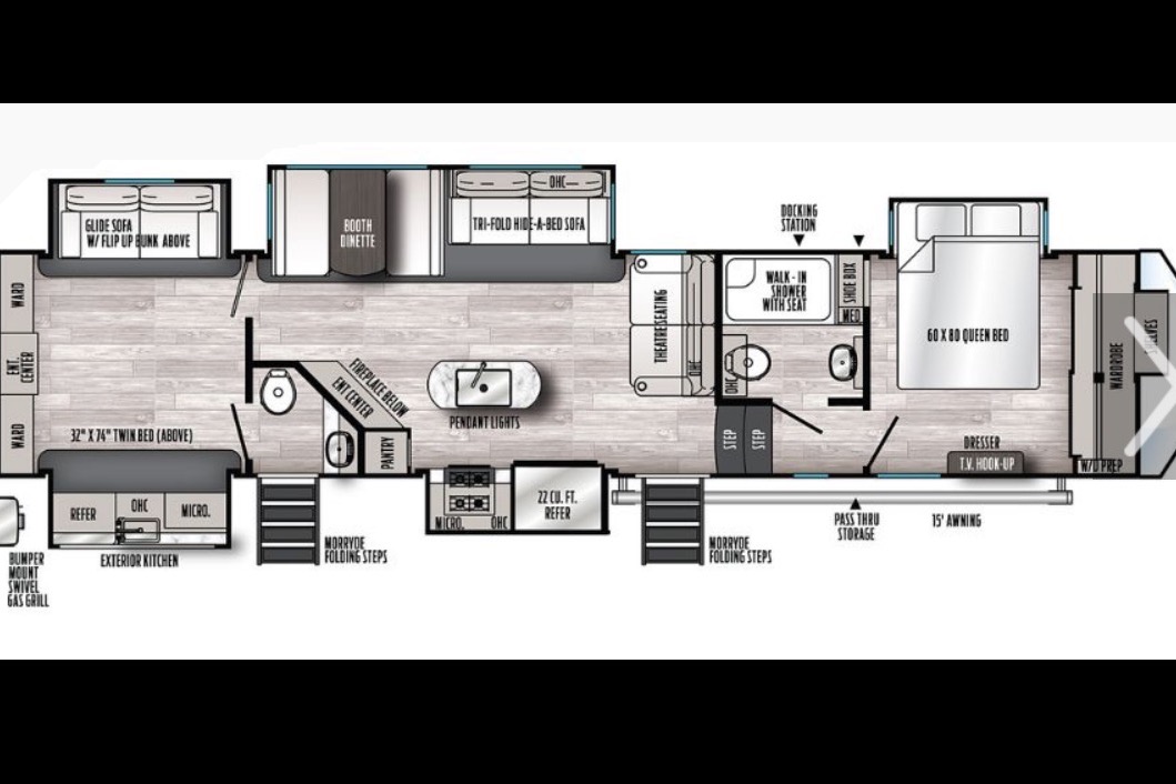 Camp with Comfort  Forest River Sandpiper 384QB0K Fifth Wheel