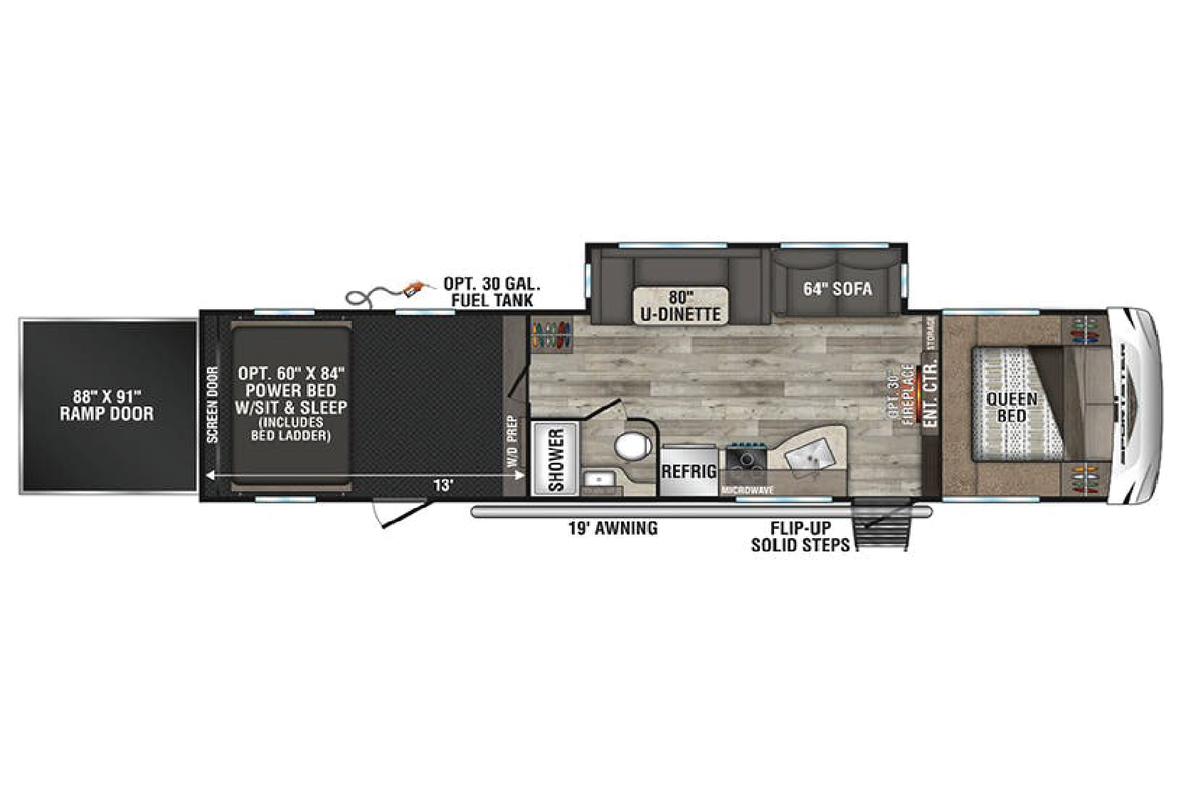 SPORTSTER Toy Hauler with 2 Queen Beds, U-Shaped Dinette & Sofa