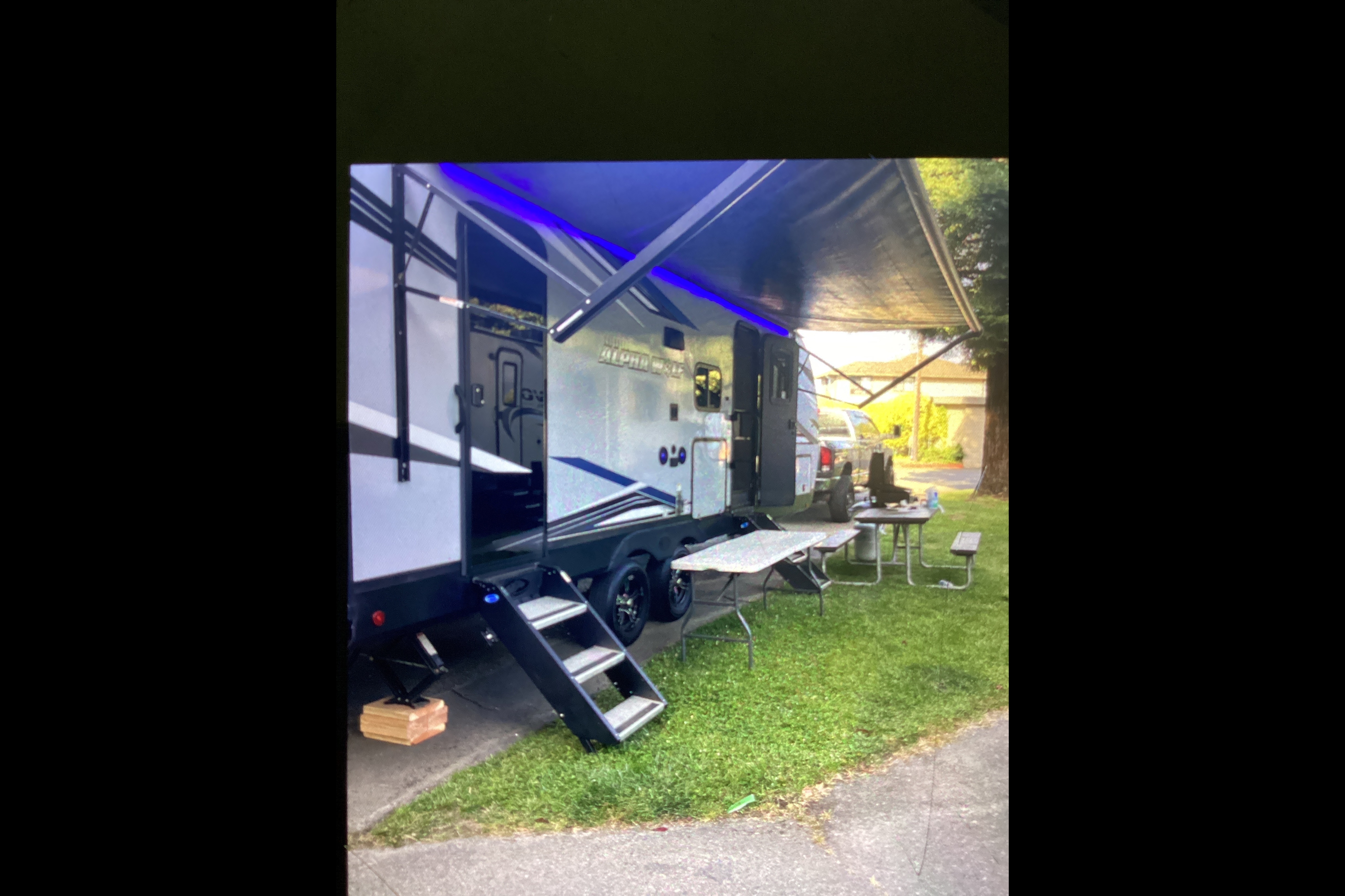 Custom stabilizers for “no rocking” while leveled Bunkhouse Trailer fully furnished and delivered