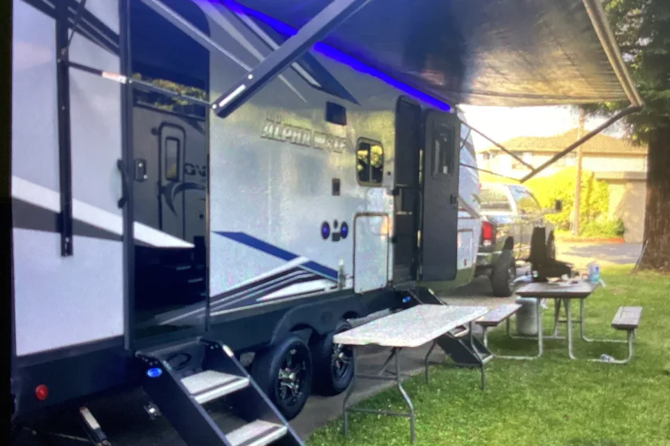 Custom stabilizers for “no rocking” while leveled Bunkhouse Trailer fully furnished and delivered