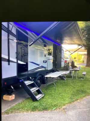 Custom stabilizers for “no rocking” while leveled Bunkhouse Trailer fully furnished and delivered