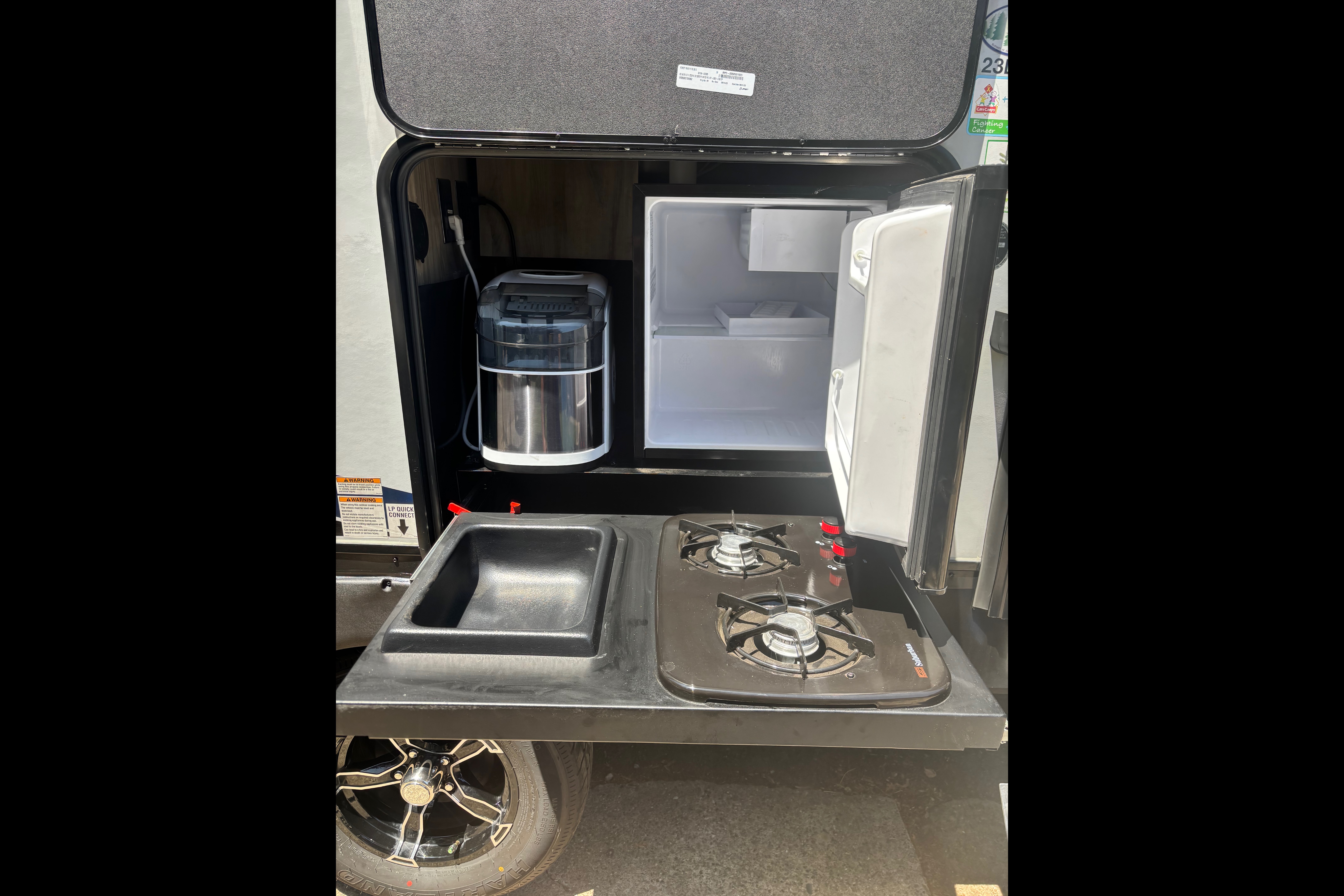 Custom stabilizers for “no rocking” while leveled Bunkhouse Trailer fully furnished and delivered