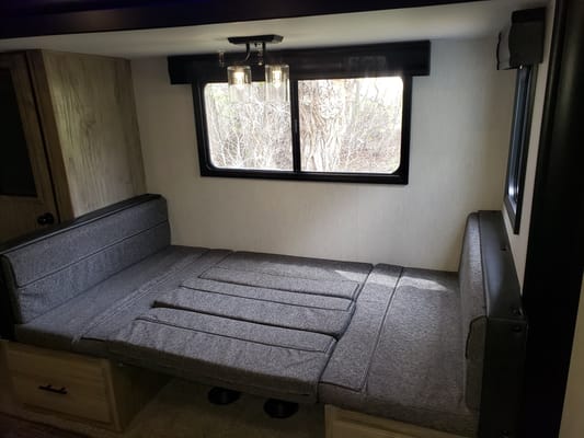 Custom stabilizers for “no rocking” while leveled Bunkhouse Trailer fully furnished and delivered