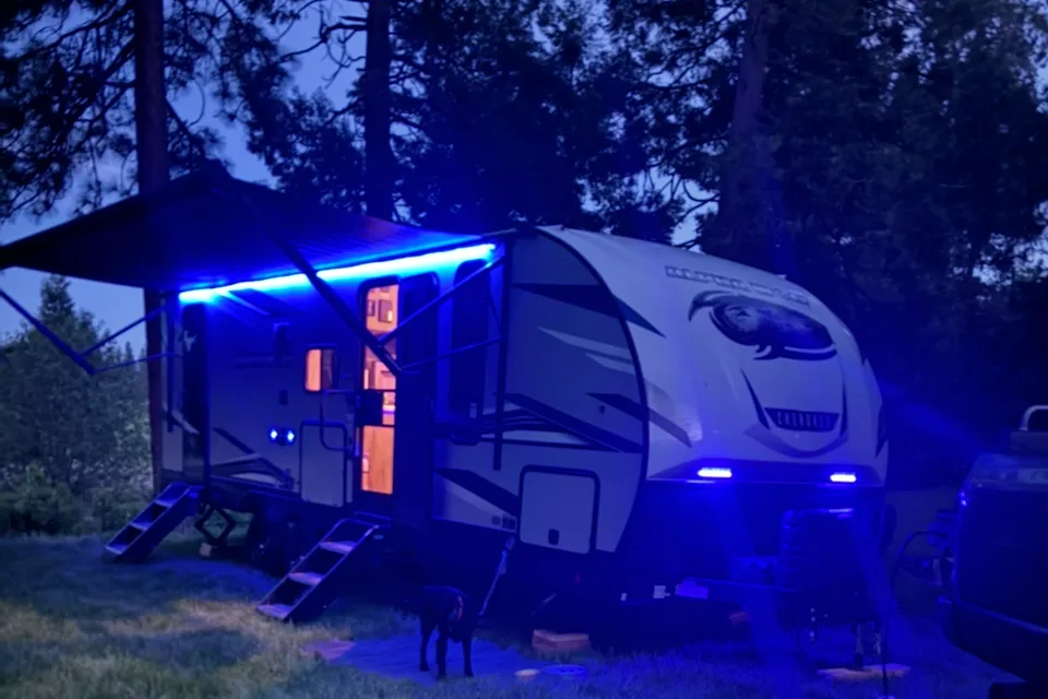 Custom stabilizers for “no rocking” while leveled Bunkhouse Trailer fully furnished and delivered