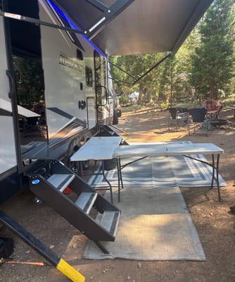 Custom stabilizers for “no rocking” while leveled Bunkhouse Trailer fully furnished and delivered