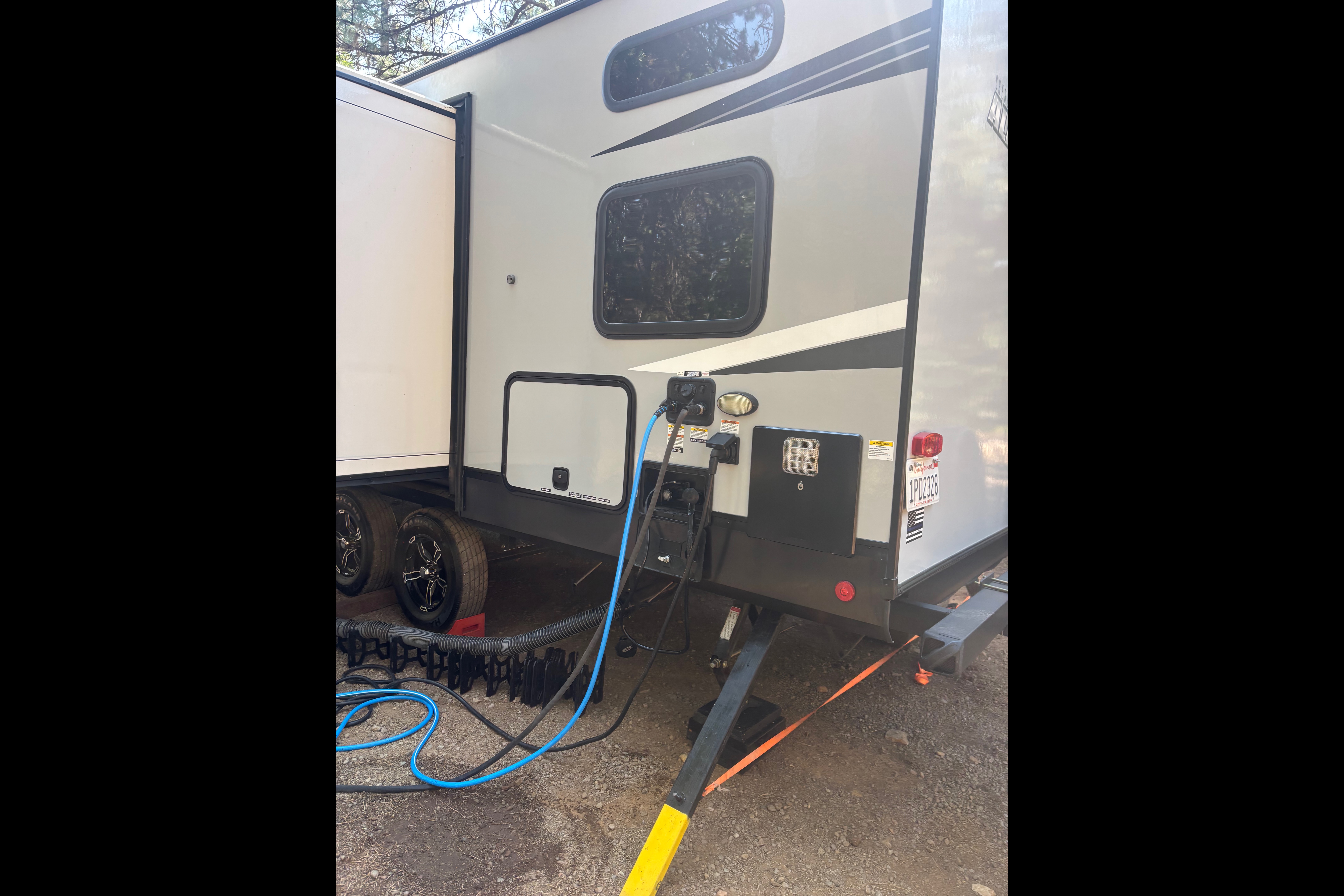 Custom stabilizers for “no rocking” while leveled Bunkhouse Trailer fully furnished and delivered