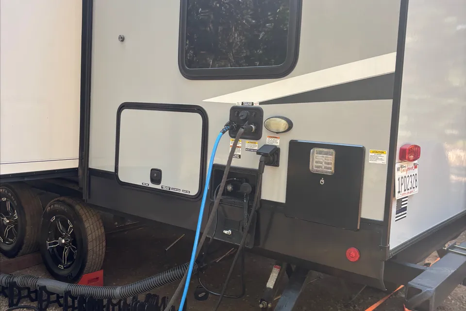 Custom stabilizers for “no rocking” while leveled Bunkhouse Trailer fully furnished and delivered