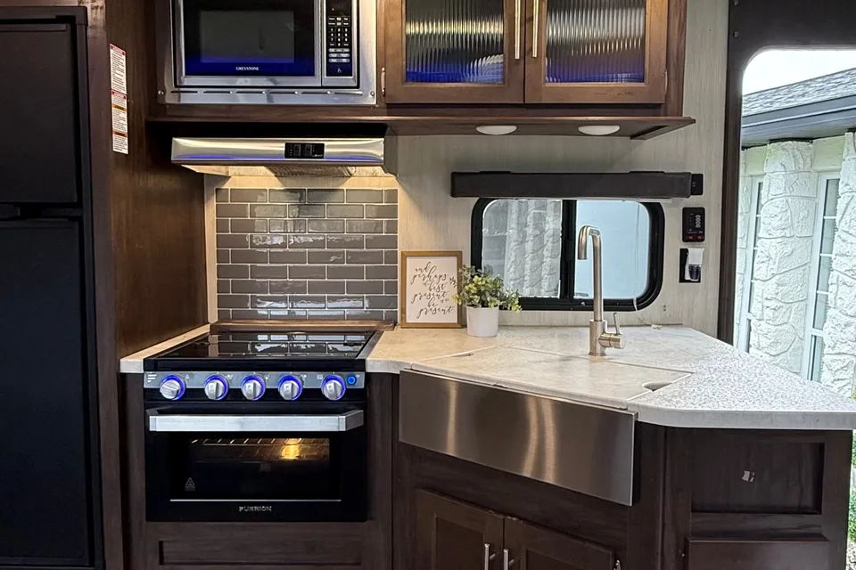 Blue Haven Bunk House Outside Kitchenette  Forest River Te29 Travel Trailer