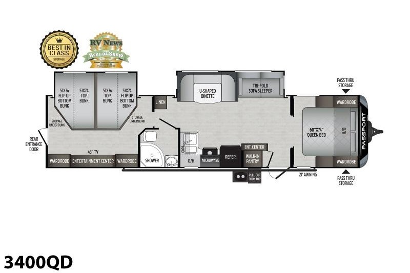 Rv Rentals Way of Life's Keystone Passport GT Series 3400QB Travel Trailer (Sleep 12) LP1
